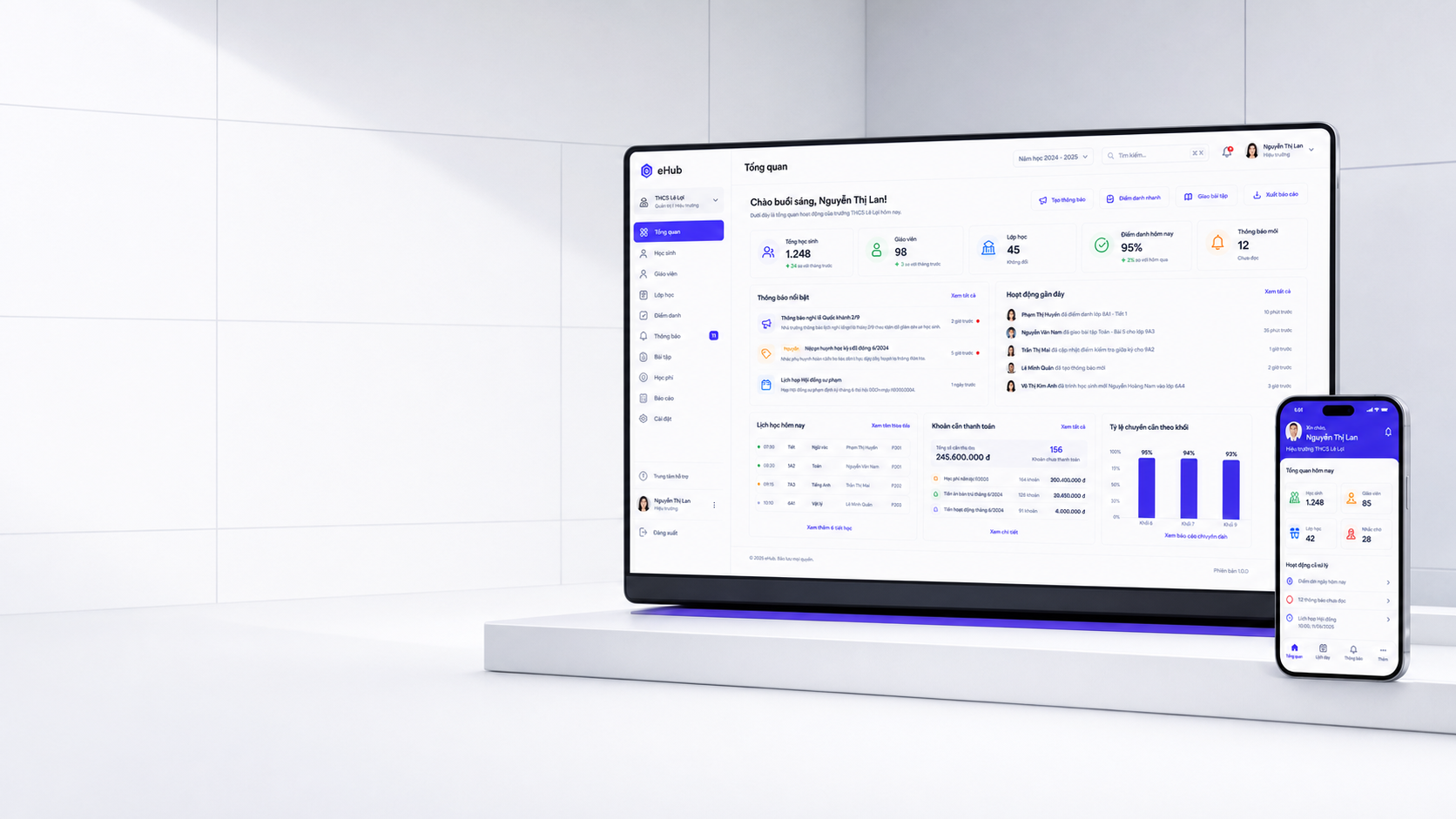 Giao diện nền tảng E-HUB LMS trên máy tính và thiết bị di động