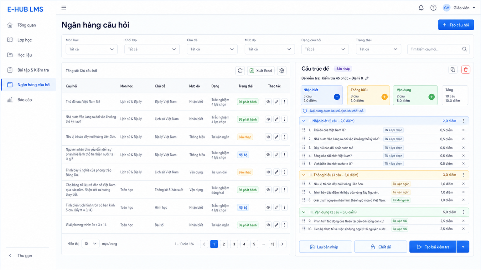 Ngân hàng câu hỏi và kiểm tra trên E-HUB LMS